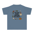 The Good Stuff Happens Off Route Youth Tee – Kids' Comfort Colors Road Trip Shirt in Blue Jean – flat lay