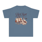 Pack Light Stay Longer Youth Tee – Kids' Comfort Colors Family Travel Shirt in Blue Jean – flat lay