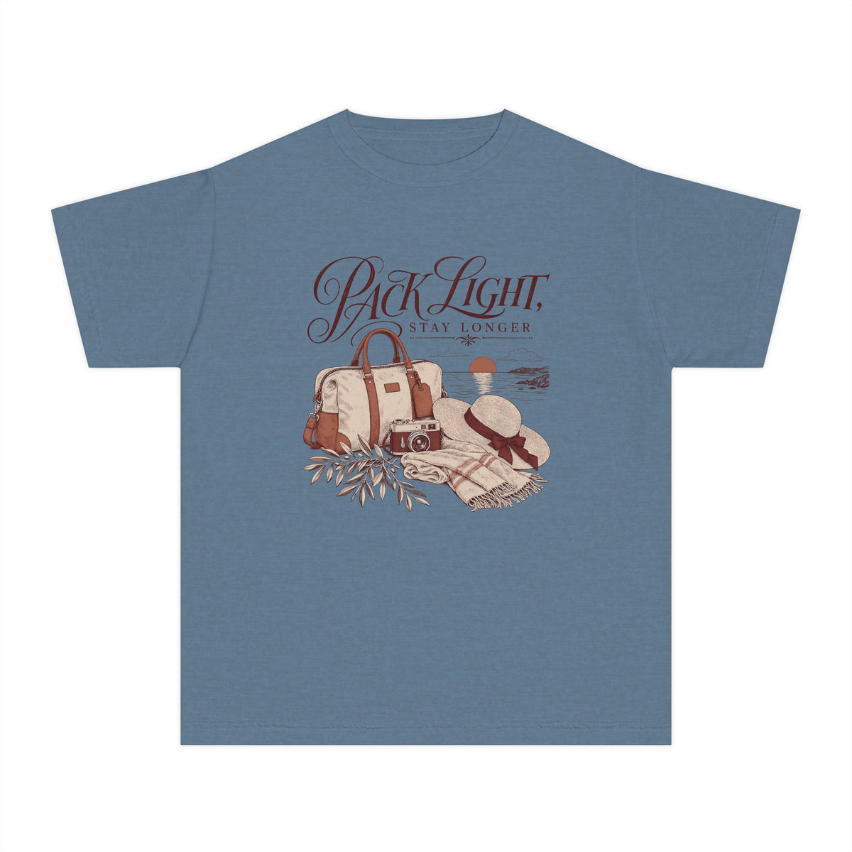 Pack Light Stay Longer Youth Tee – Kids' Comfort Colors Family Travel Shirt in Blue Jean – flat lay