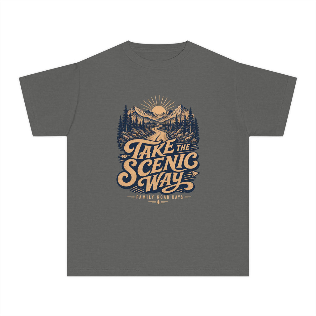 Take the Scenic Way Youth Tee – Kids' Comfort Colors Road Trip Shirt in Pepper – flat lay