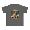 Take the Scenic Way Youth Tee – Kids' Comfort Colors Road Trip Shirt in Pepper – flat lay