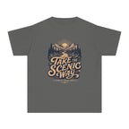 Take the Scenic Way Youth Tee – Kids' Comfort Colors Road Trip Shirt in Pepper – flat lay