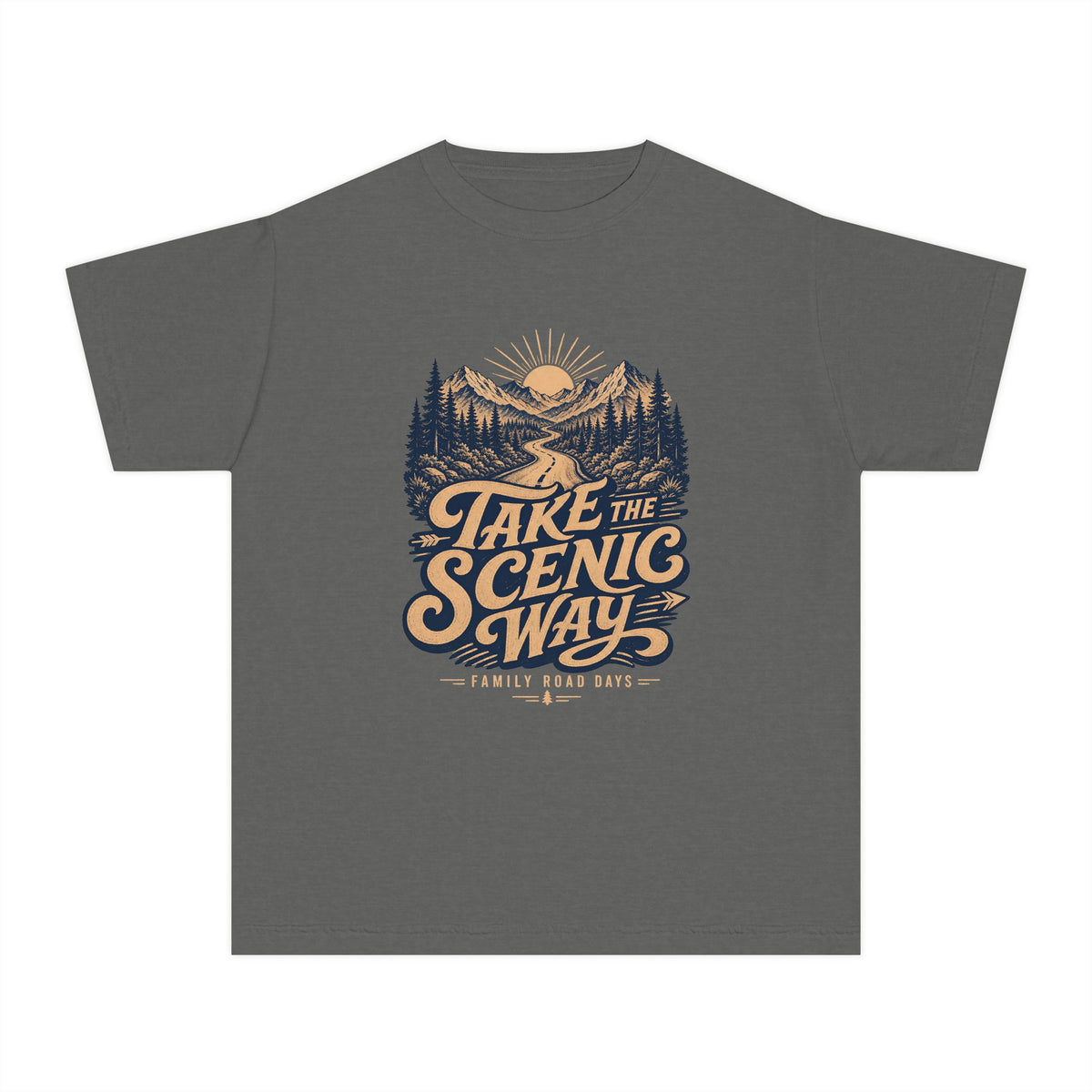 Take the Scenic Way Youth Tee – Kids' Comfort Colors Road Trip Shirt in Pepper – flat lay