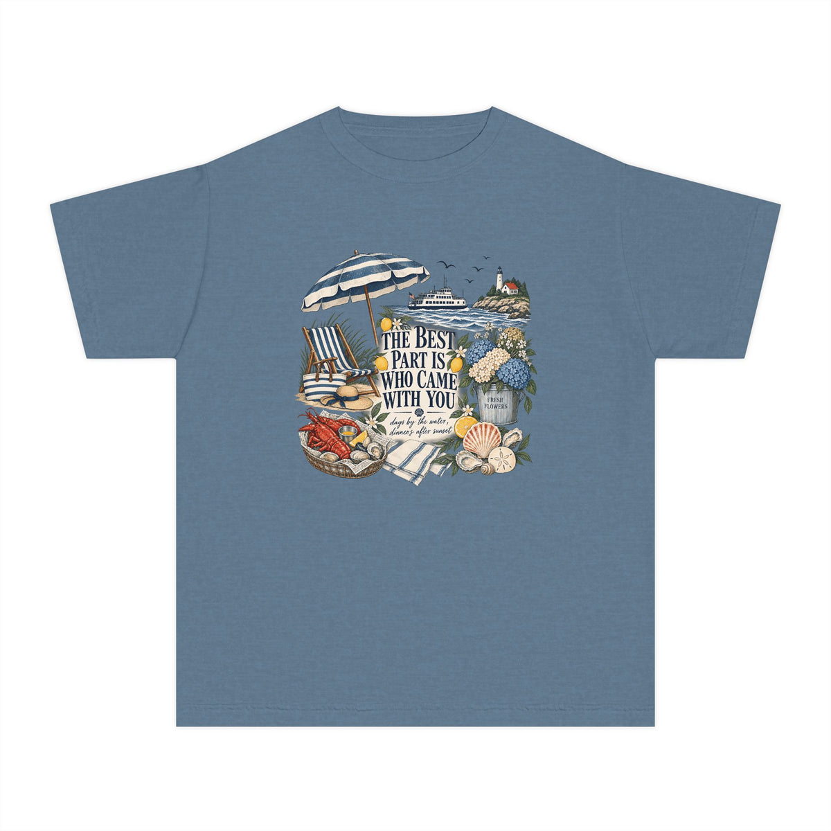 The Best Part Is Who Came with You Youth Tee – Kids' Comfort Colors Beach Vacation Shirt in Blue Jean – flat lay