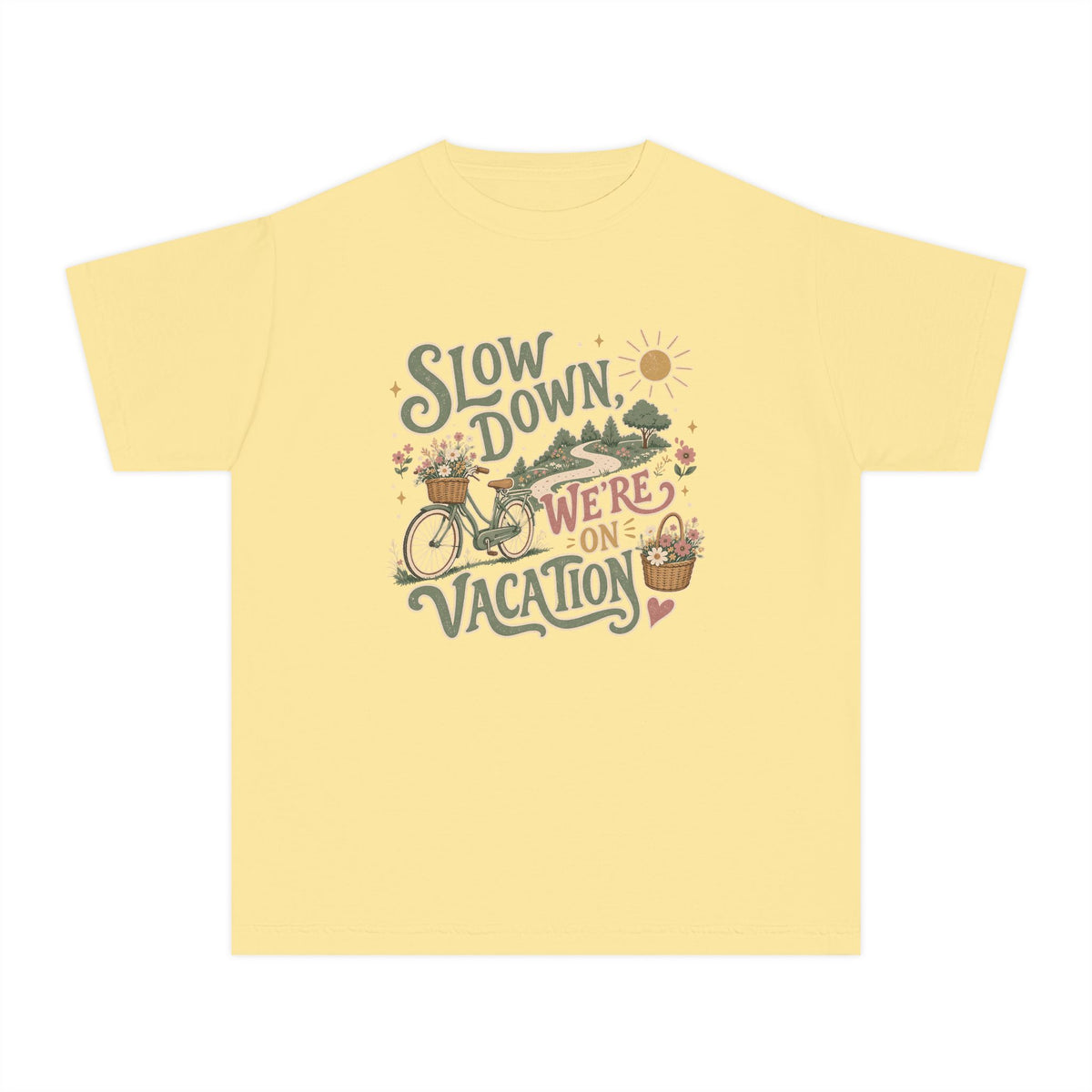 Slow Down We're on Vacation Youth Tee – Kids' Comfort Colors Travel Shirt in Butter – flat lay