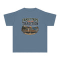Family Trips Are Our Tradition Youth Tee – Kids' Comfort Colors Vacation Shirt in Blue Jean – flat lay