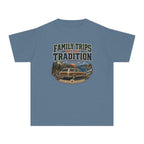 Family Trips Are Our Tradition Youth Tee – Kids' Comfort Colors Vacation Shirt in Blue Jean – flat lay