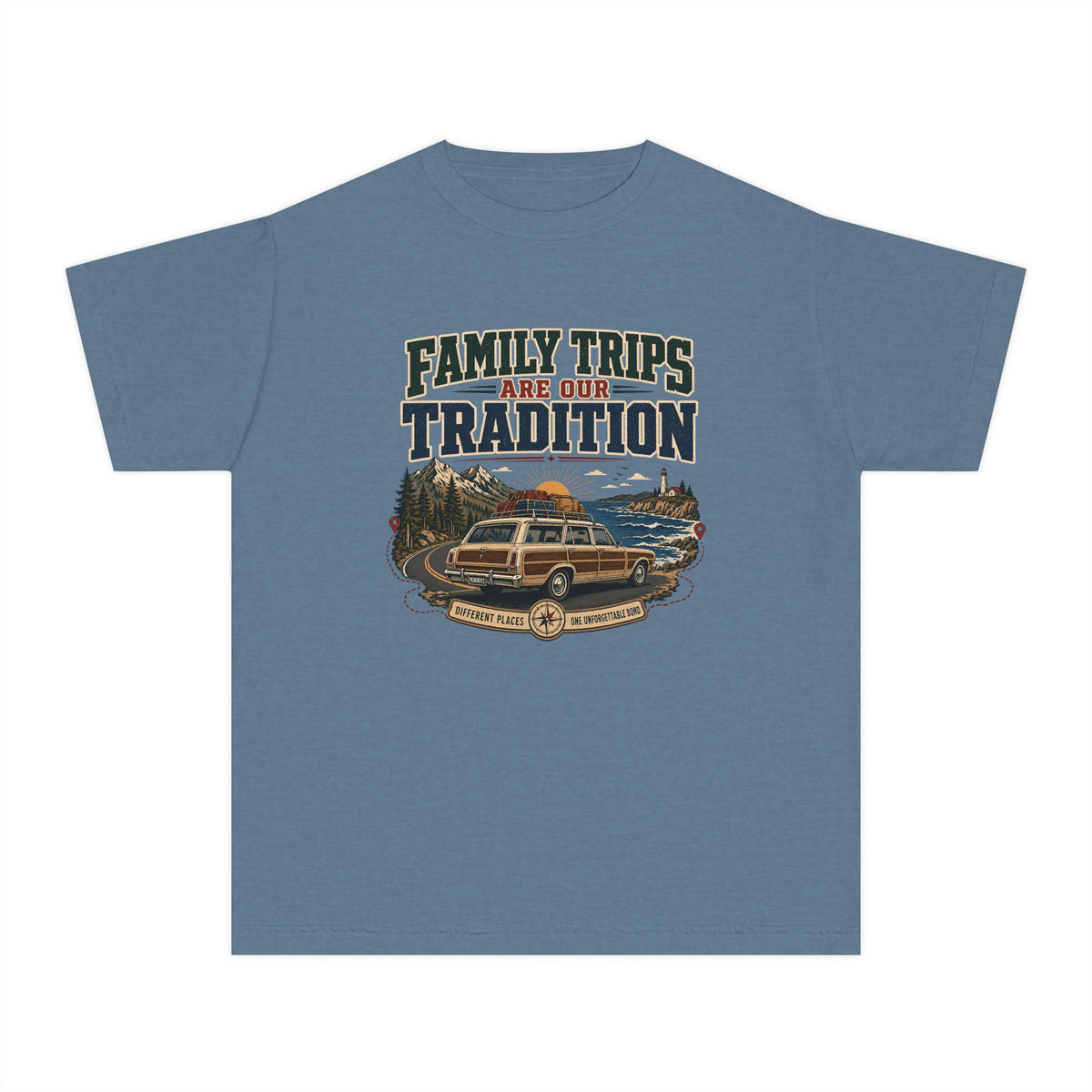 Family Trips Are Our Tradition Youth Tee – Kids' Comfort Colors Vacation Shirt in Blue Jean – flat lay