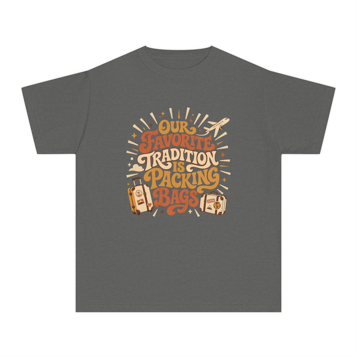 Our Favorite Tradition Is Packing Bags Youth Tee – Kids' Comfort Colors Family Travel Shirt in Pepper – flat lay