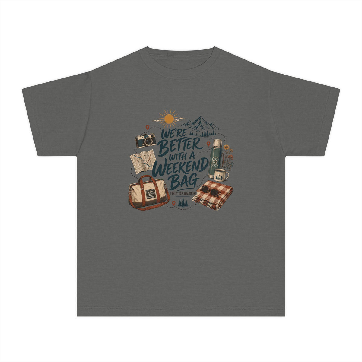 We're Better with a Weekend Bag Youth Tee – Kids' Comfort Colors Road Trip Shirt in Pepper – flat lay