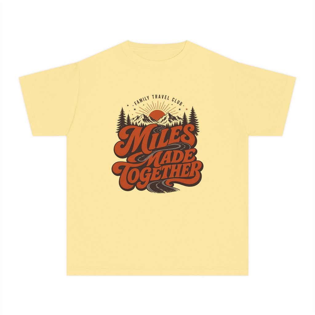 Miles Made Together Youth Tee – Kids' Comfort Colors Road Trip Shirt in Butter – flat lay