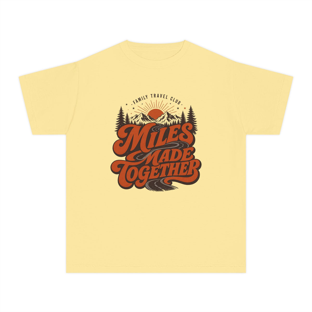 Miles Made Together Youth Tee – Kids' Comfort Colors Road Trip Shirt in Butter – flat lay