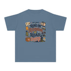 Our Family Runs on Reservations and Road Snacks Youth Tee – Kids' Comfort Colors Road Trip Shirt in Blue Jean – flat lay