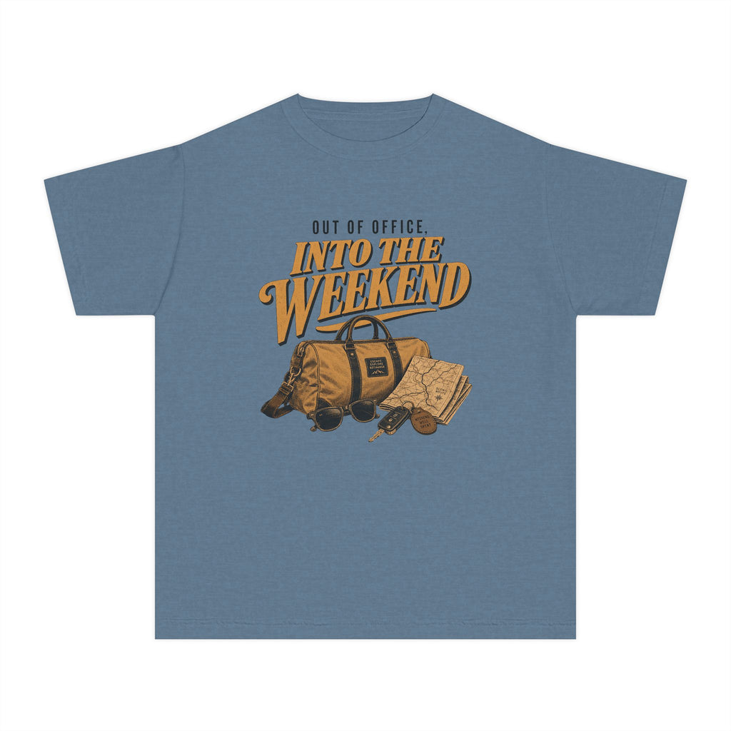 Out of Office Into the Weekend Youth Tee – Kids' Comfort Colors Family Getaway Shirt in Blue Jean – flat lay