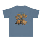 Out of Office Into the Weekend Youth Tee – Kids' Comfort Colors Family Getaway Shirt in Blue Jean – flat lay