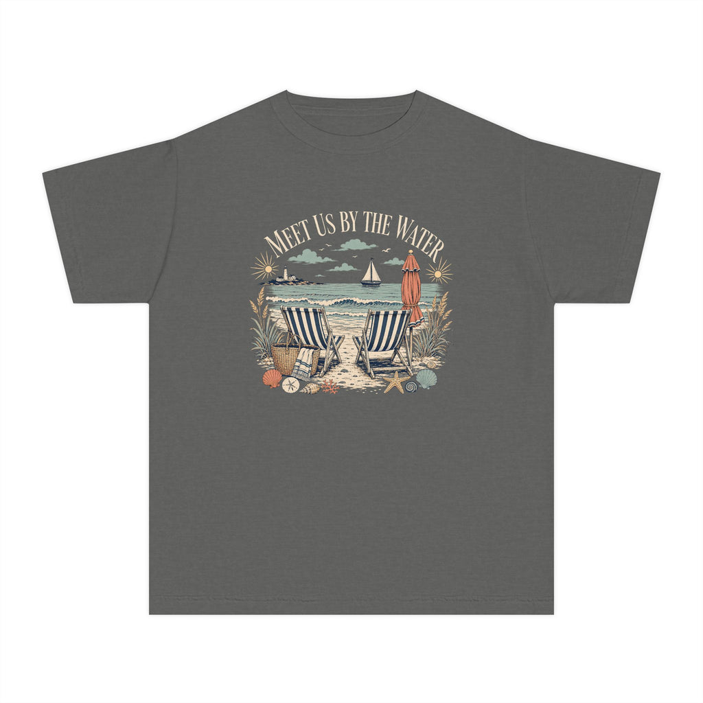 Meet Us By The Water Youth Tee – Kids' Comfort Colors Coastal Vacation Shirt in Pepper – flat lay