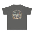 Meet Us By The Water Youth Tee – Kids' Comfort Colors Coastal Vacation Shirt in Pepper – flat lay