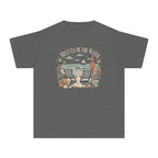 Meet Us By The Water Youth Tee – Kids' Comfort Colors Coastal Vacation Shirt in Pepper – flat lay