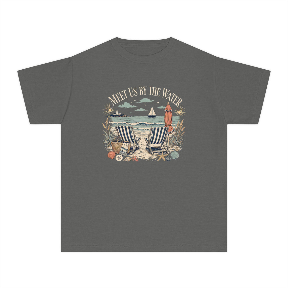 Meet Us By The Water Youth Tee – Kids' Comfort Colors Coastal Vacation Shirt in Pepper – flat lay