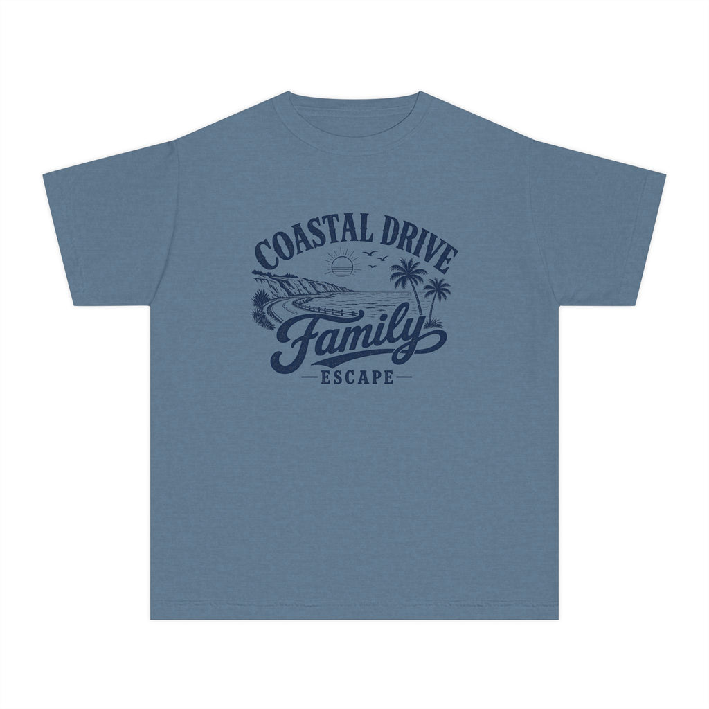 Coastal Drive Family Escape Youth Tee – Kids' Comfort Colors Beach Vacation Shirt in Blue Jean – flat lay