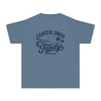 Coastal Drive Family Escape Youth Tee – Kids' Comfort Colors Beach Vacation Shirt in Blue Jean – flat lay