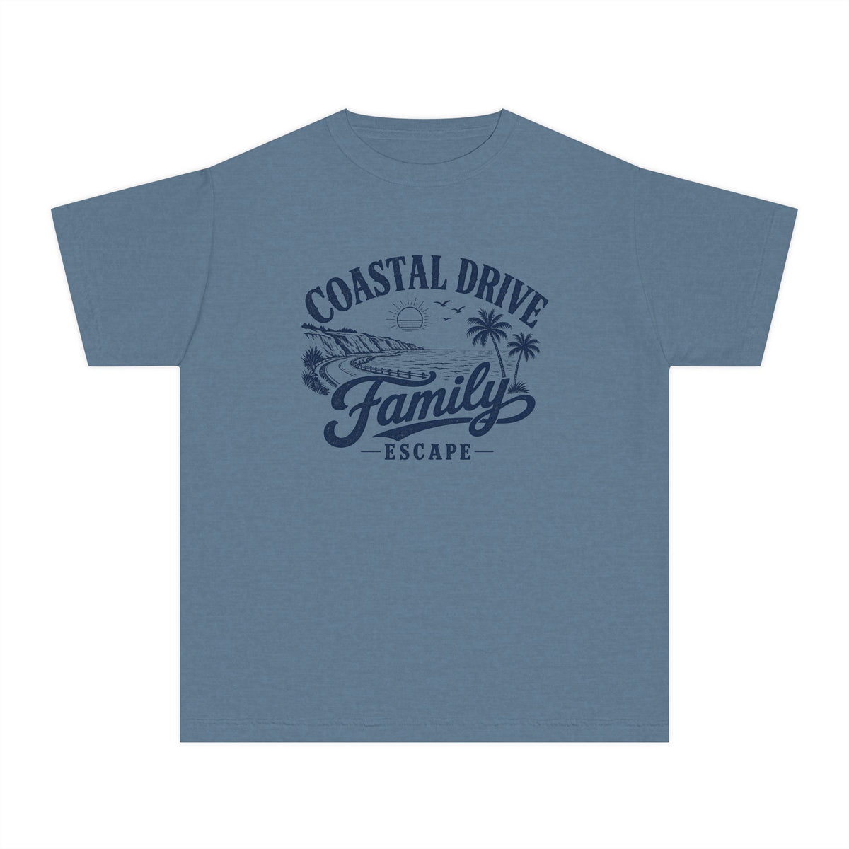 Coastal Drive Family Escape Youth Tee – Kids' Comfort Colors Beach Vacation Shirt in Blue Jean – flat lay