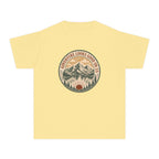 Adventure Looks Good On Us Youth Tee – Kids' Comfort Colors Mountain Travel Shirt in Butter – flat lay