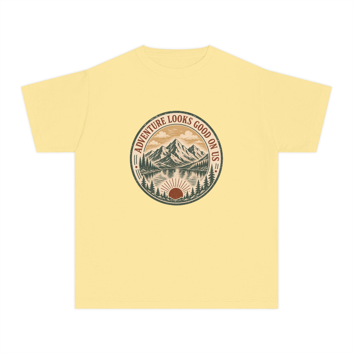 Adventure Looks Good On Us Youth Tee – Kids' Comfort Colors Mountain Travel Shirt in Butter – flat lay