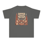 Dinner Tastes Better Out Here Youth Tee – Kids' Comfort Colors Camping Shirt in Pepper – flat lay