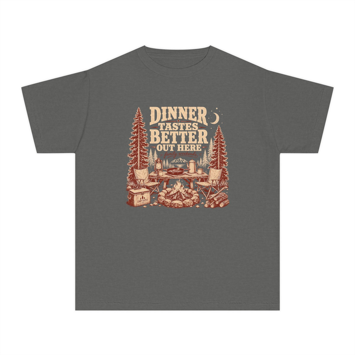 Dinner Tastes Better Out Here Youth Tee – Kids' Comfort Colors Camping Shirt in Pepper – flat lay