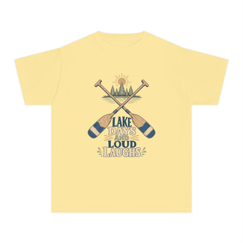 Lake Days and Loud Laughs Youth Tee – Kids' Comfort Colors Family Lake Shirt in Butter – flat lay