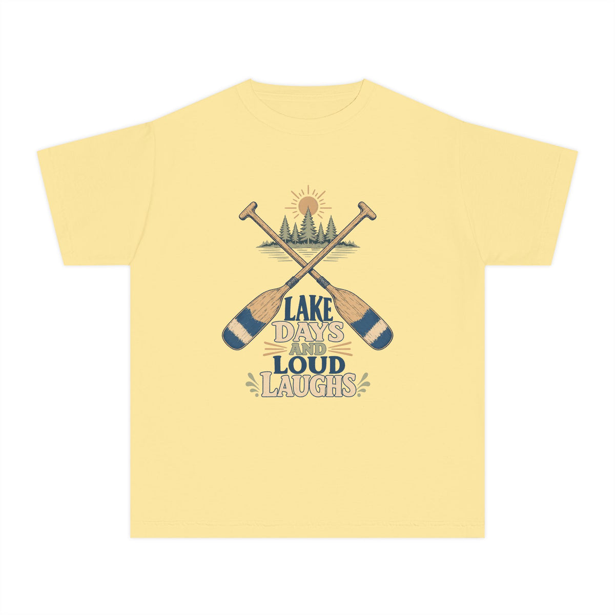 Lake Days and Loud Laughs Youth Tee – Kids' Comfort Colors Family Lake Shirt in Butter – flat lay