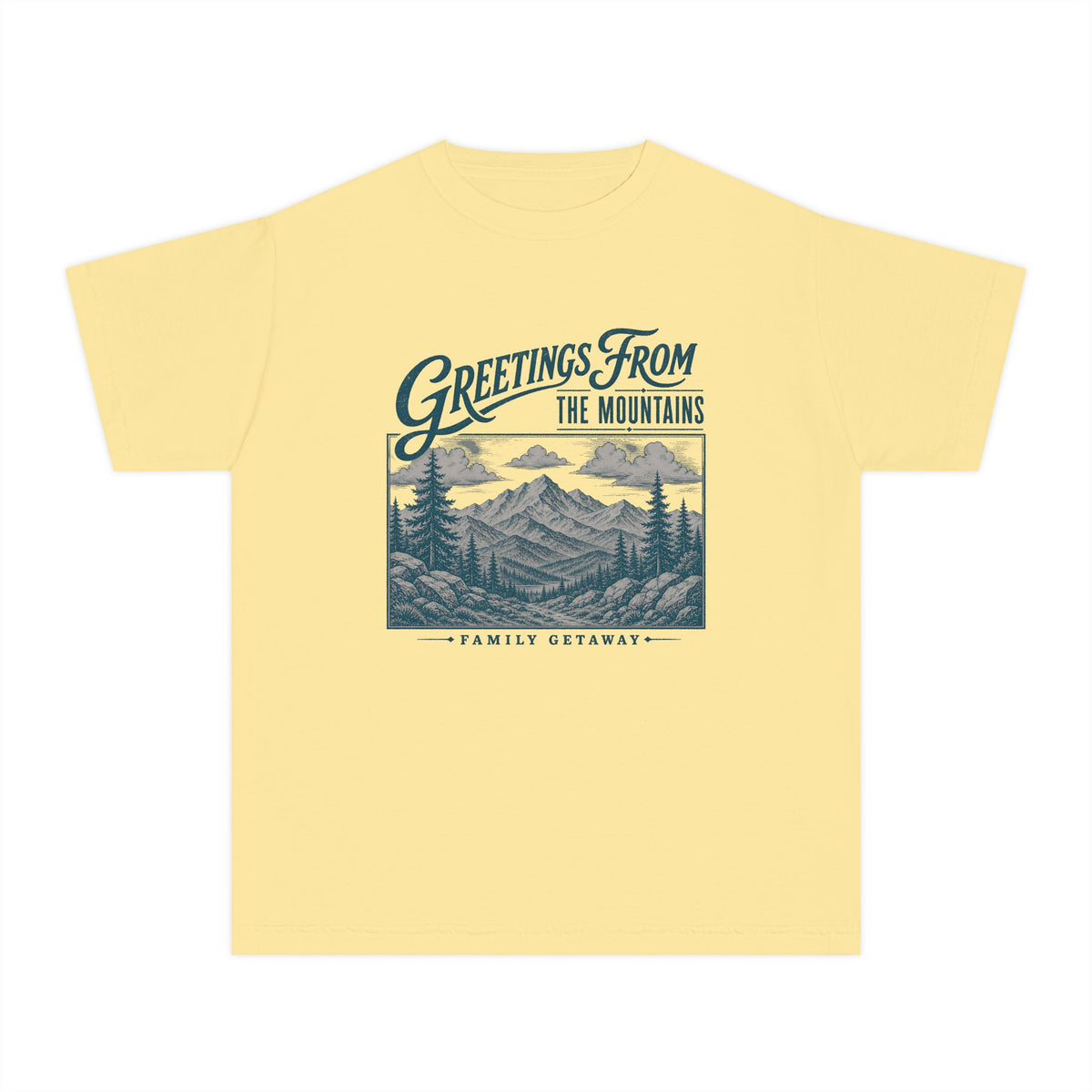 Greetings from the Mountains Family Getaway Youth Tee – Kids' Comfort Colors Cabin Weekend Shirt in Butter – flat lay