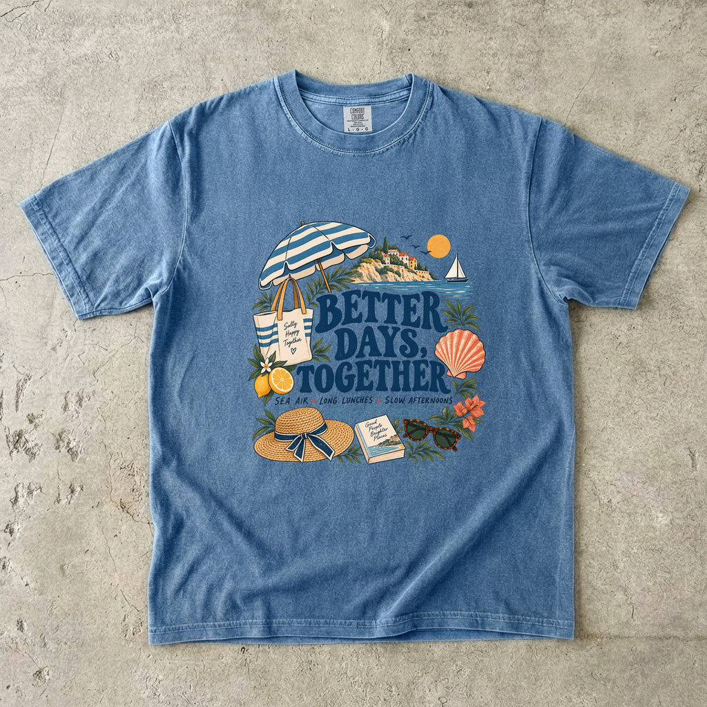Better Days Together Coastal Vacation Shirt in Blue Jean – flat lay