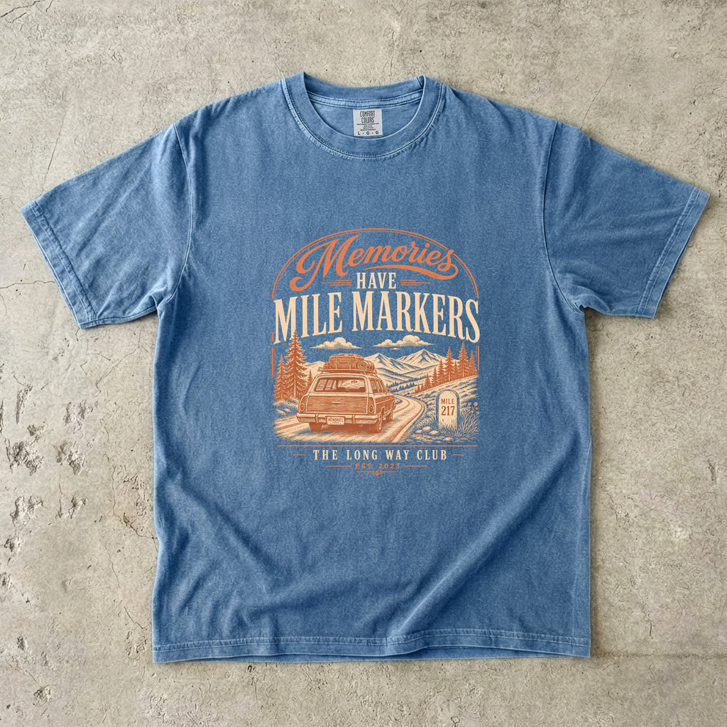 Memories Have Mile Markers Road Trip Shirt in Blue Jean – flat lay