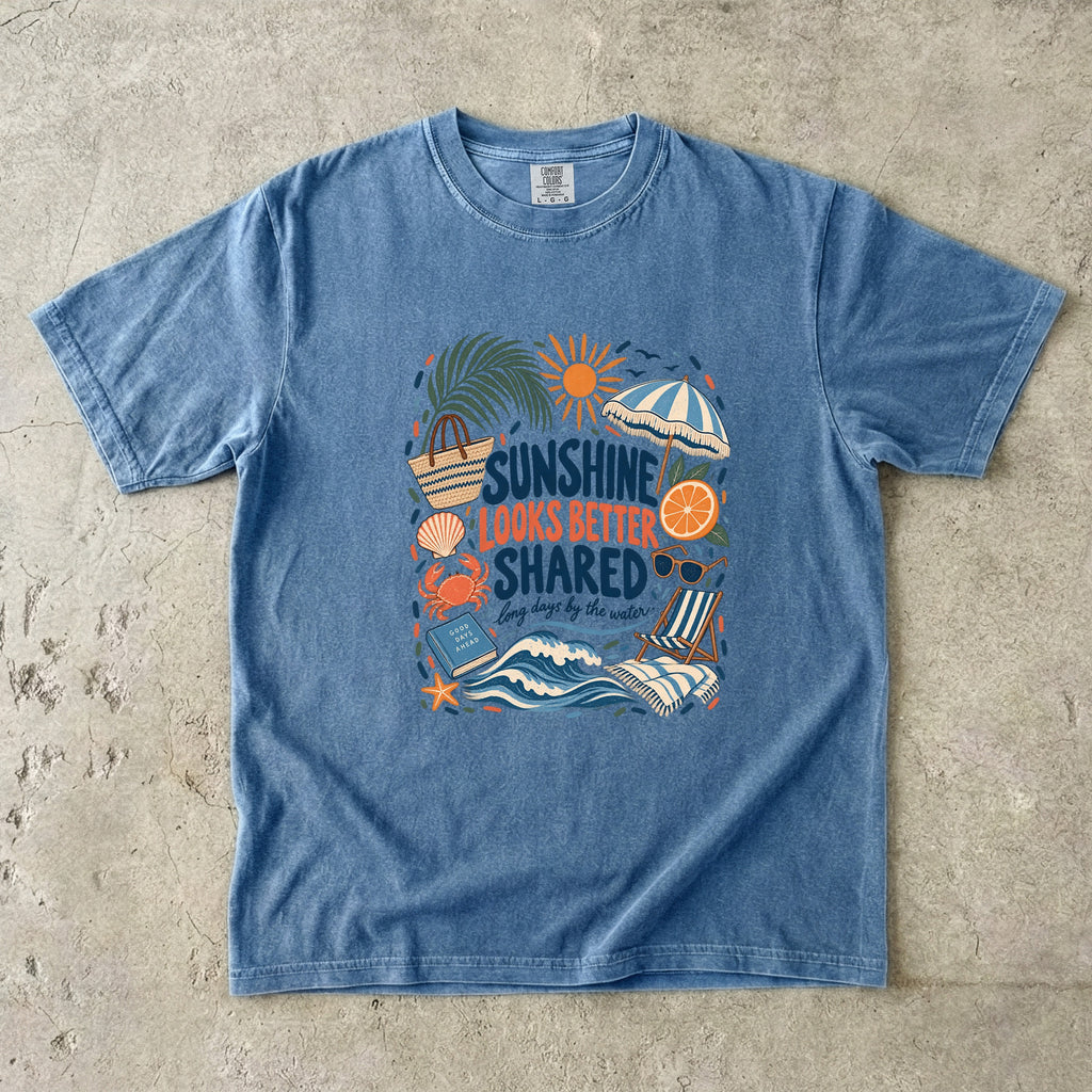 Sunshine Looks Better Shared Beach Vacation Shirt in Blue Jean – flat lay