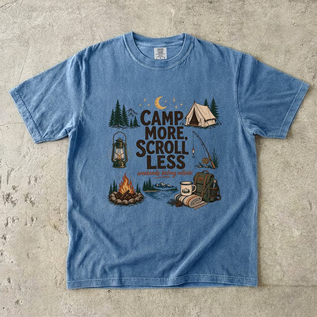 Camp More Scroll Less Camping Shirt in Blue Jean – flat lay