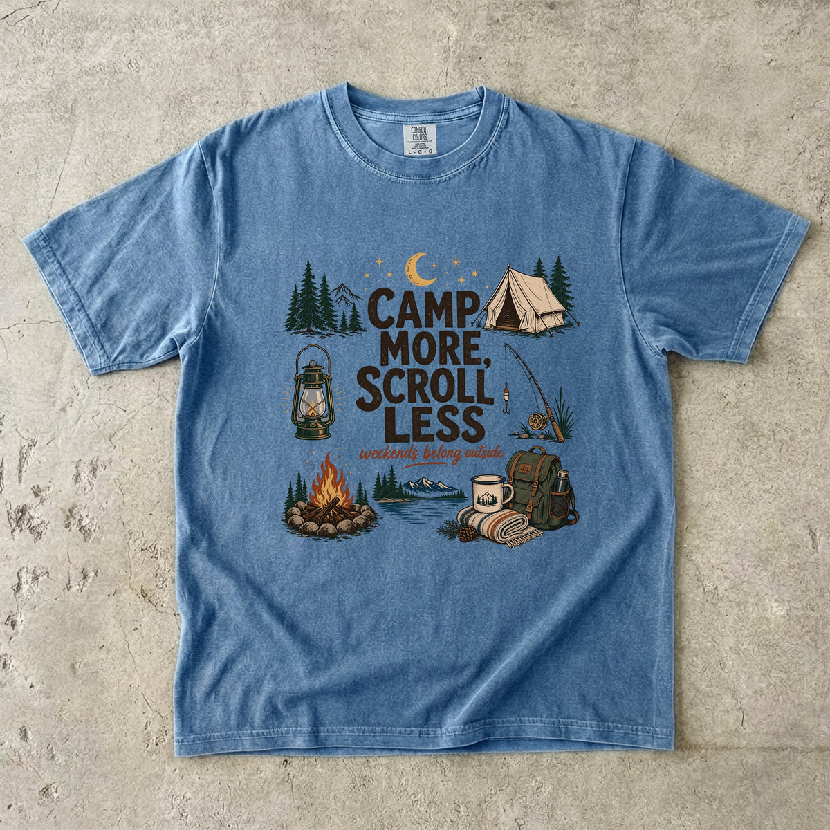 Camp More Scroll Less Camping Shirt in Blue Jean – flat lay