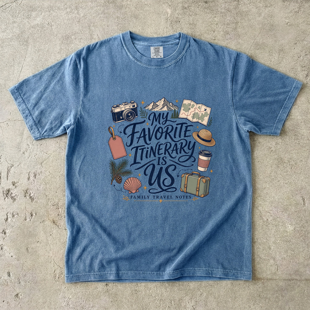 My Favorite Itinerary Is Us Travel Mom Shirt in Blue Jean – flat lay