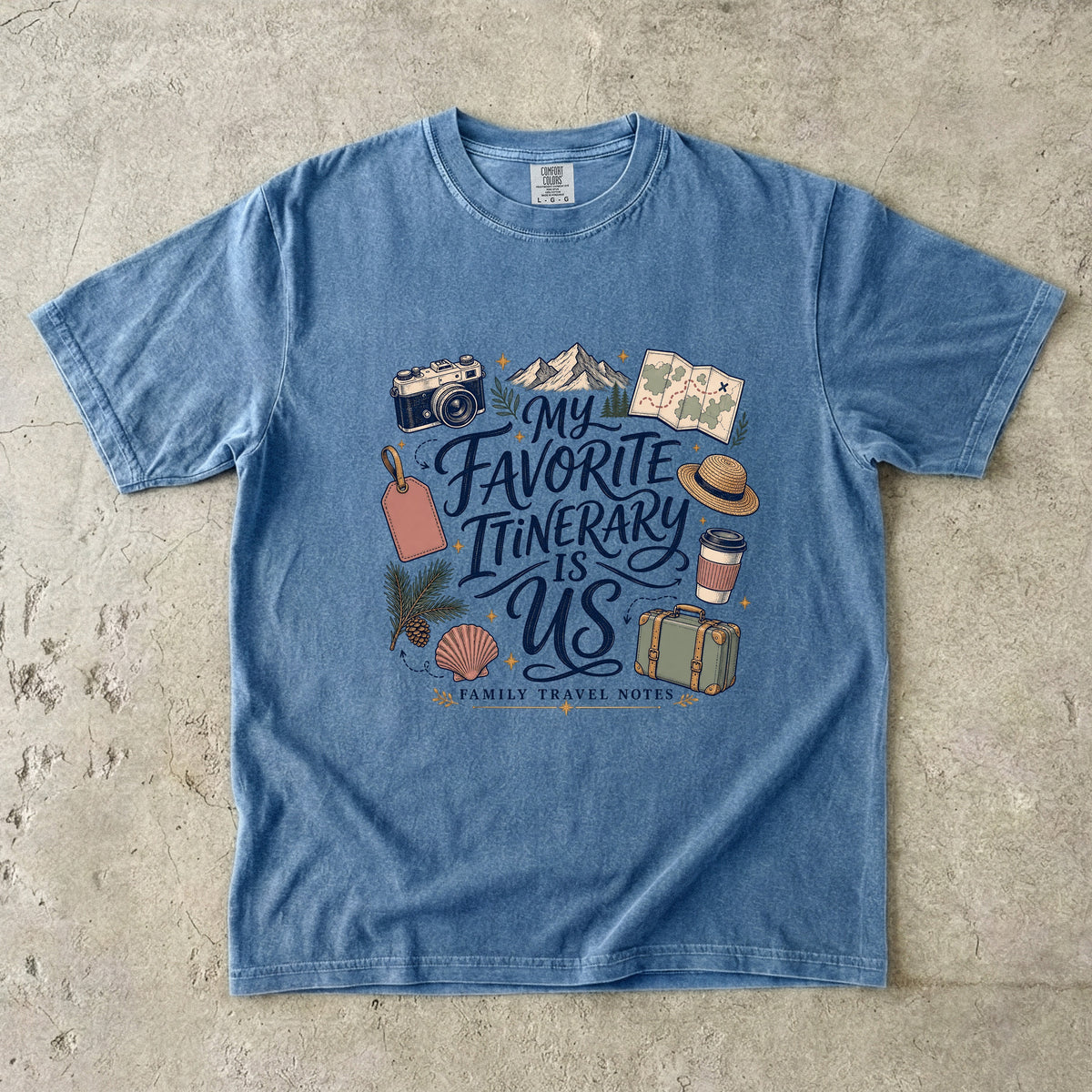 My Favorite Itinerary Is Us Travel Mom Shirt in Blue Jean – flat lay