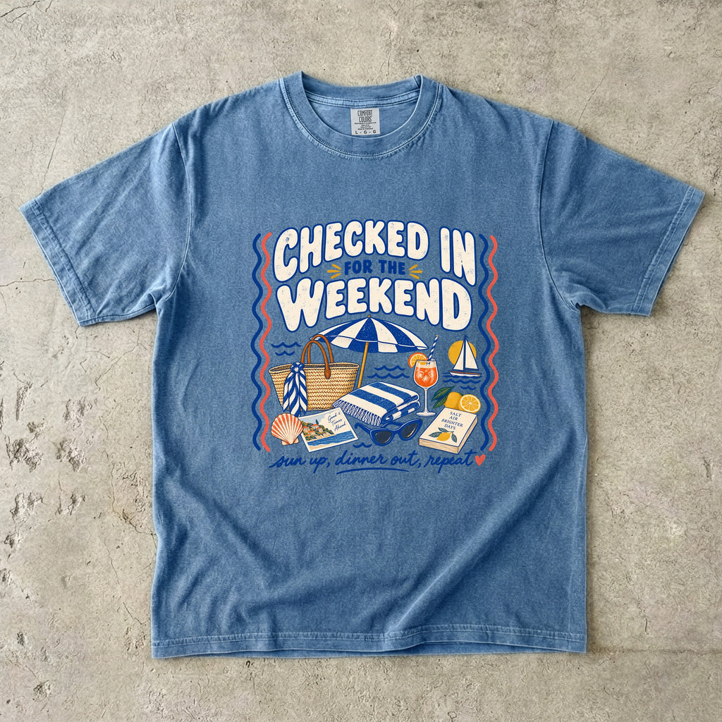 Checked In for the Weekend Beach Vacation Shirt in Blue Jean – flat lay