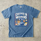 Checked In for the Weekend Beach Vacation Shirt in Blue Jean – flat lay