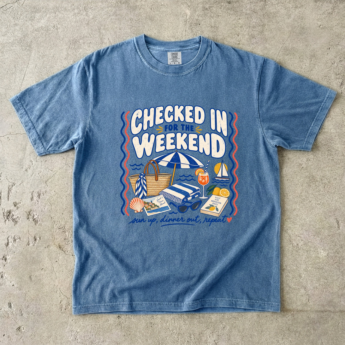 Checked In for the Weekend Beach Vacation Shirt in Blue Jean – flat lay