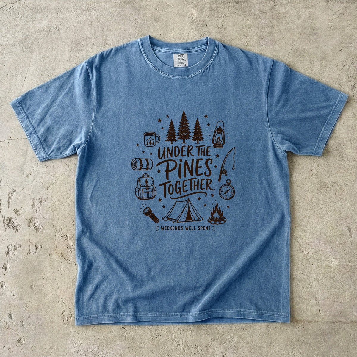 Under the Pines Together Camping Shirt in Blue Jean – flat lay