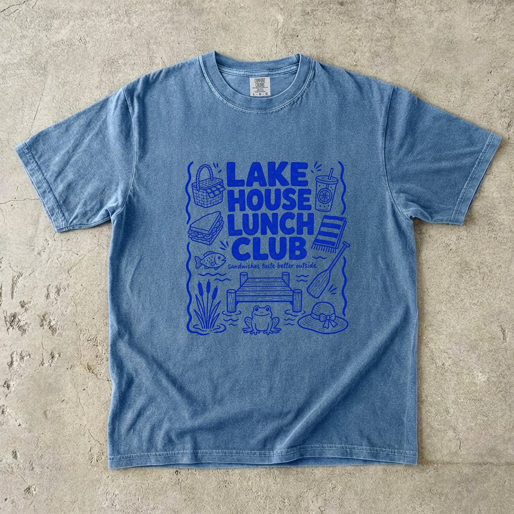 Lake House Lunch Club Lake Vacation Shirt in Blue Jean – flat lay
