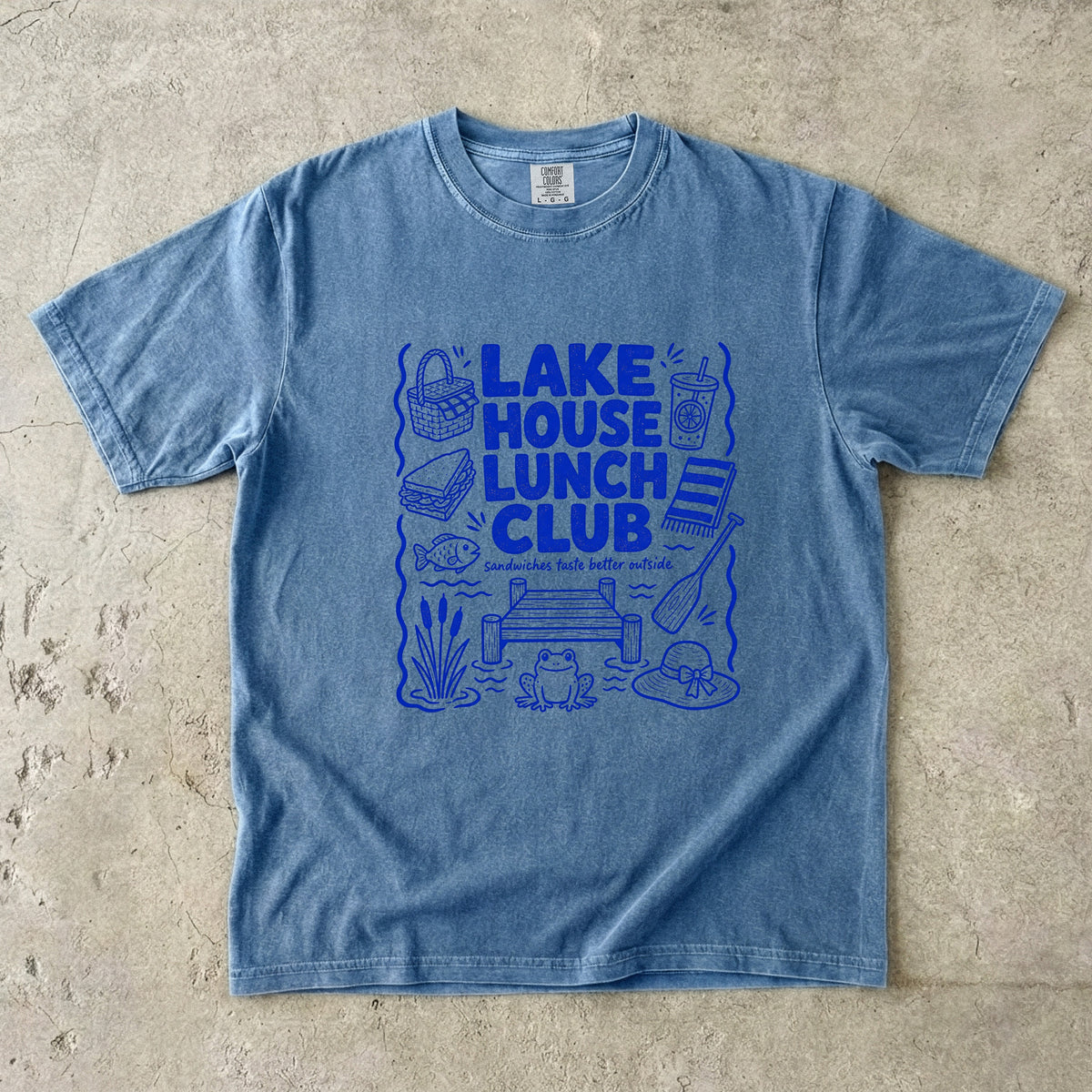 Lake House Lunch Club Lake Vacation Shirt in Blue Jean – flat lay