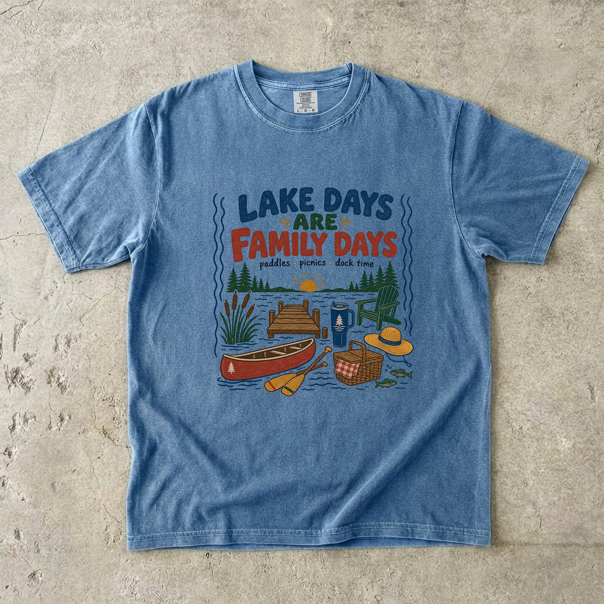 Lake Days Are Family Days Lake Vacation Shirt in Blue Jean – flat lay