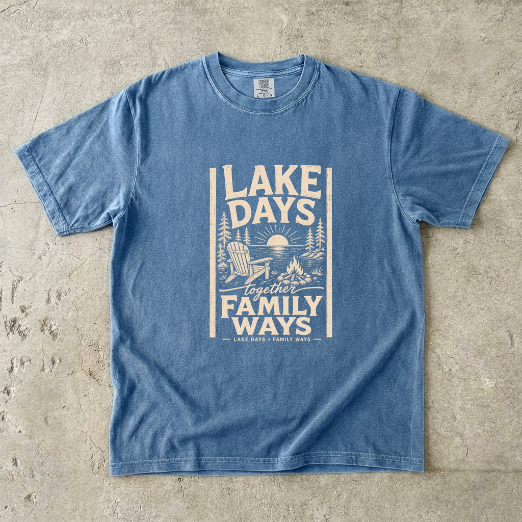 Lake Days Family Ways Vacation Shirt in Blue Jean – flat lay