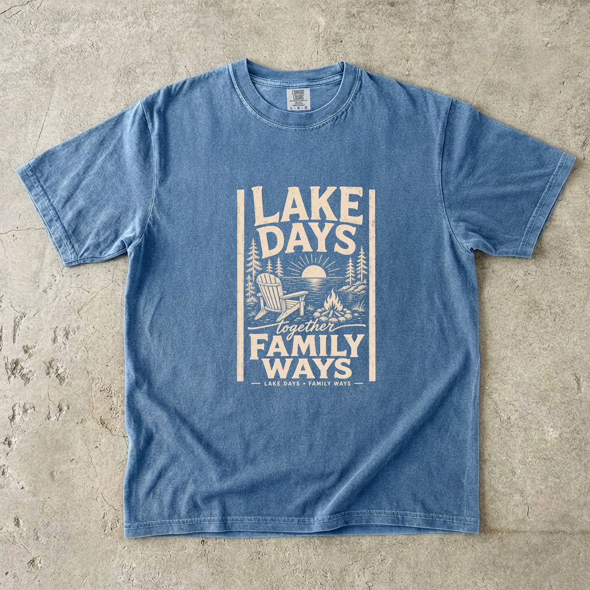 Lake Days Family Ways Vacation Shirt in Blue Jean – flat lay