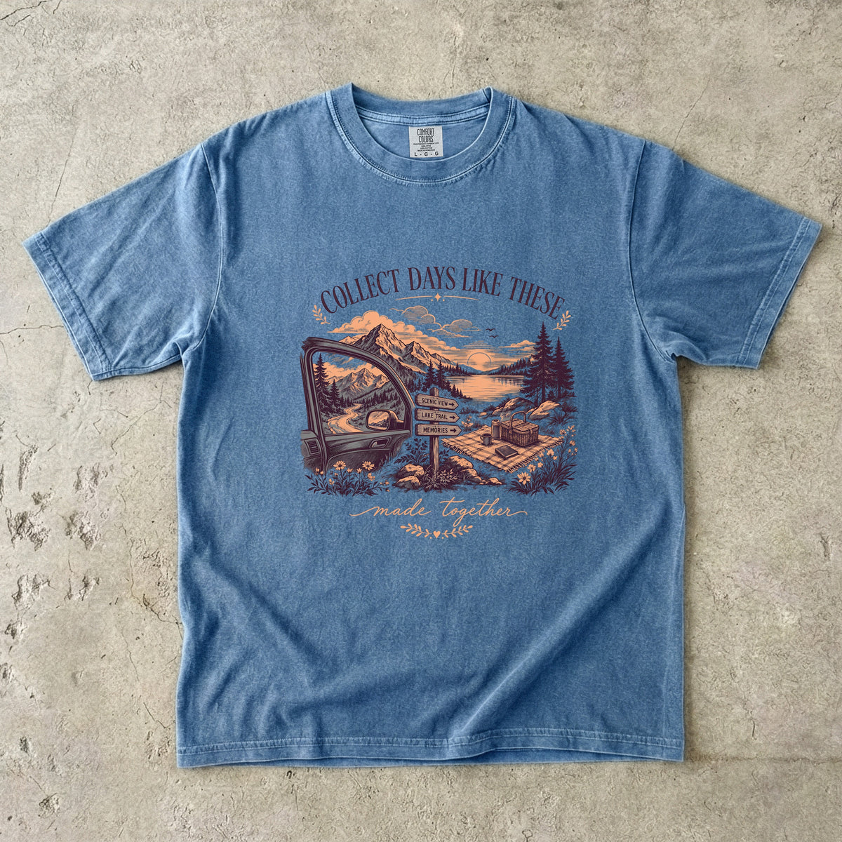 Collect Days Like These Family Travel Shirt in Blue Jean – flat lay